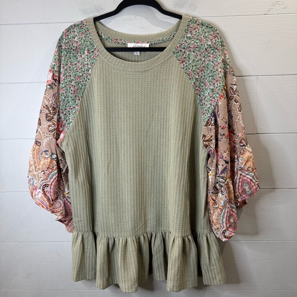 Umgee Olive Green Mixed-Print Peplum Blouse with Paisley Balloon Sleeves